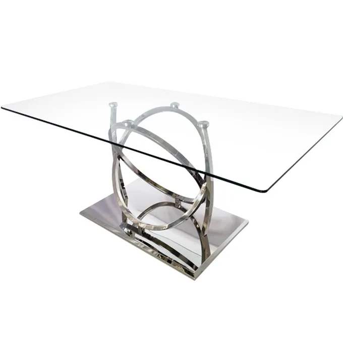 Luxury Silver Metal Dining Table With Clear Glass For Dining Room 3