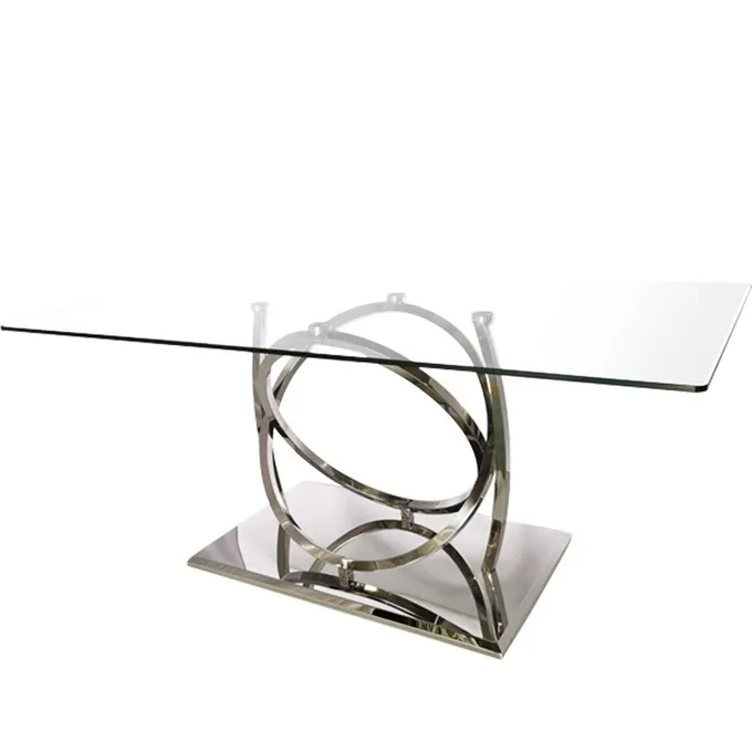 Luxury Silver Metal Dining Table With Clear Glass For Dining Room 2