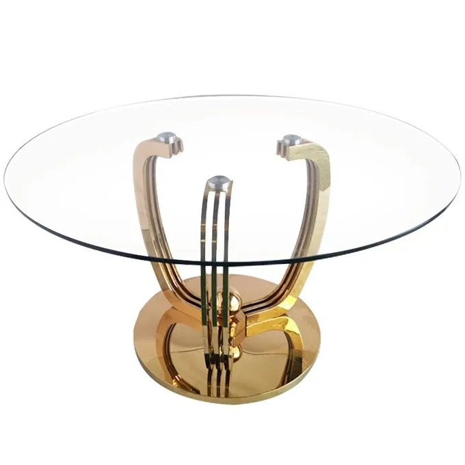 Minimalist Gold Stainless Steel Base Dining Table With Glass Top 0