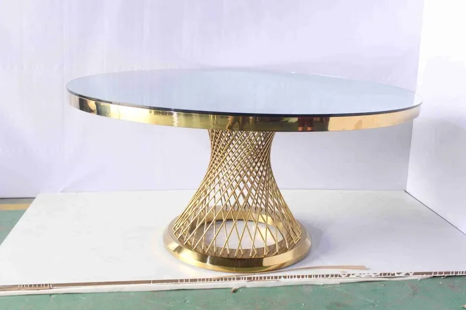 Faux Marble Tabletop Modern Pedestal Dining Table Golden Stainless Steel Frame 0