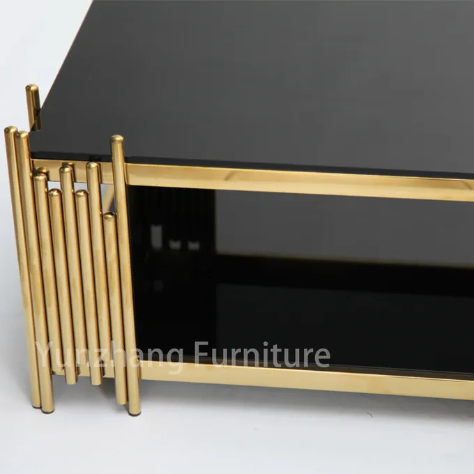 Double Tempered Glass Center Table Rectangle Shape Gold Frame 2