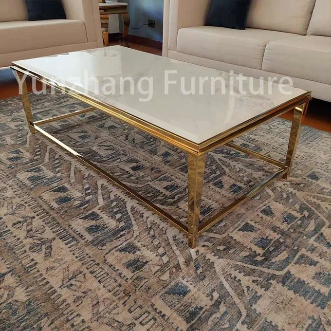 Marble Top Rectangle Center Table Gold 201 Stainless Steel Frame 2