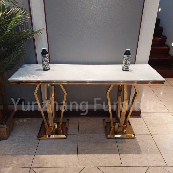 Hotel Furniture Square Console Table Marble Top Stainless Steel Frame Gold Color 2