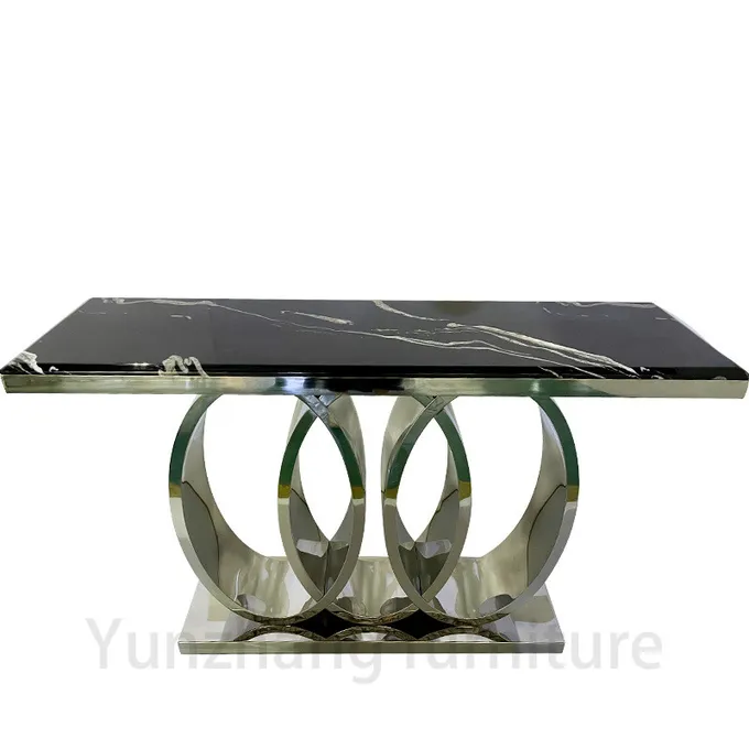 Modern Style Rectangle Marble Dining Table White Table And Gold Trestle Base 2