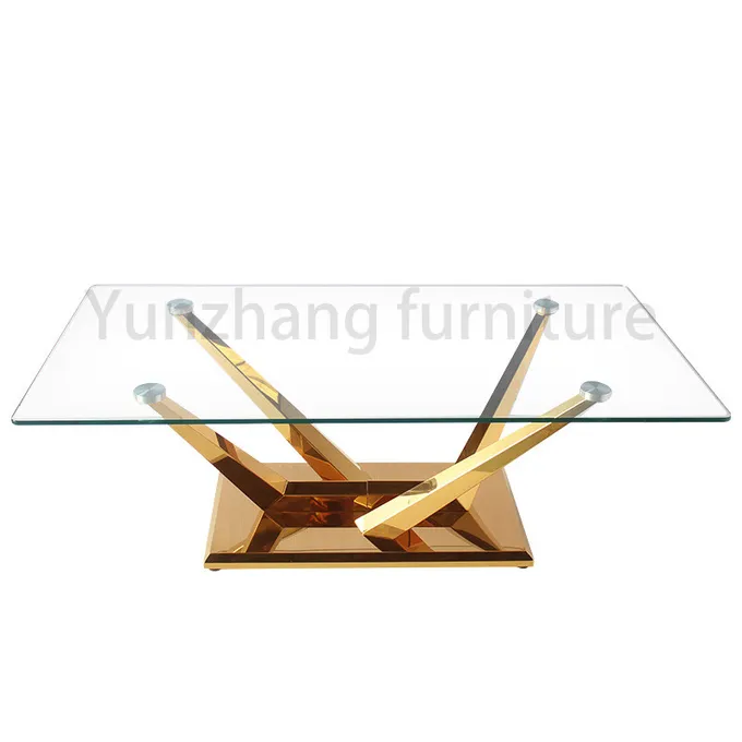 Rectangular Transparent Glass Dining Table Stainless Steel Furniture With gold Base 0