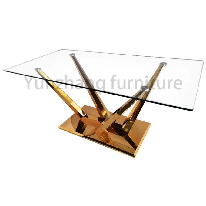 Unique Clear Glass Dining Table Golden SS201 Base For Family Use 2