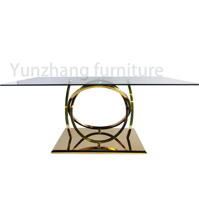 Family Use Hotel Glass Top Dining Table Ring Bottom Frame Stainless Steel Base 0