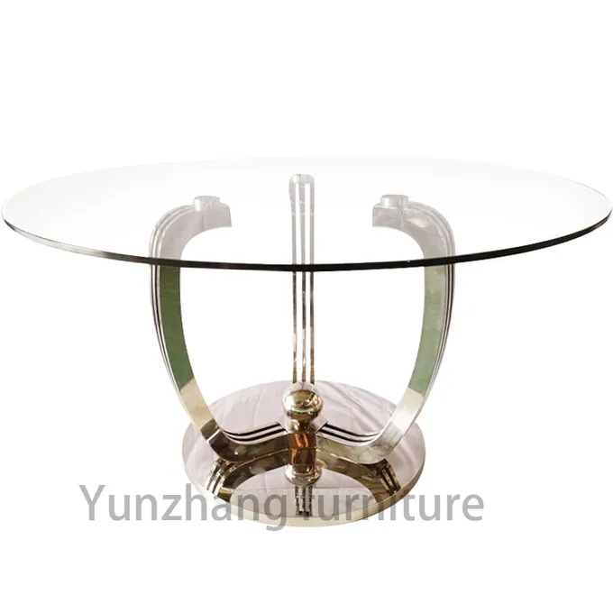 European style stainless steel 8 seater round tempered glass dining table for restaurant for dining design 1