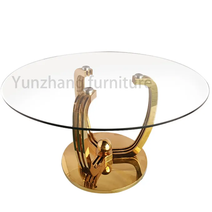 Luxury Model Round Dining Table Transparent 10mm Thick Tempered Glass Top With Gold Base 1