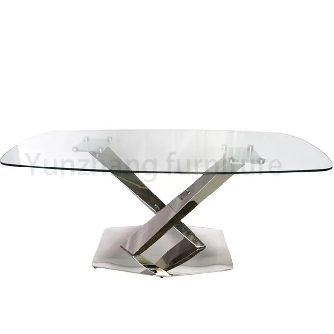 Simple Luxury Modern Dining Tables Clear Tempered Glass Mirrored Silver Finish 0