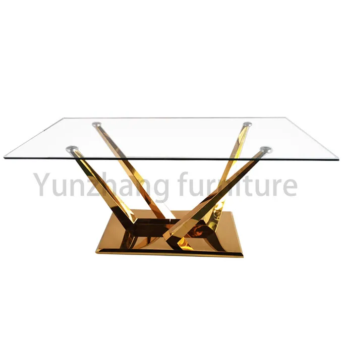 Minimalist Rectangular Glass Top Dining Table With Solid SS201 Gold Plated Stand Base 0