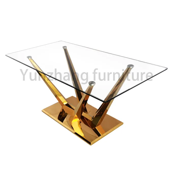 Minimalist Rectangular Glass Top Dining Table With Solid SS201 Gold Plated Stand Base 1