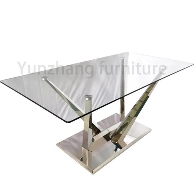 Silver Dining Table With Clear Glass Modern Square 0