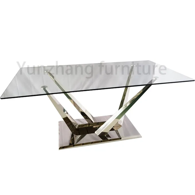 Silver Color Luxury Modern Dining Tables Glossy Tempered Glass Sophisticated Dining Table 0