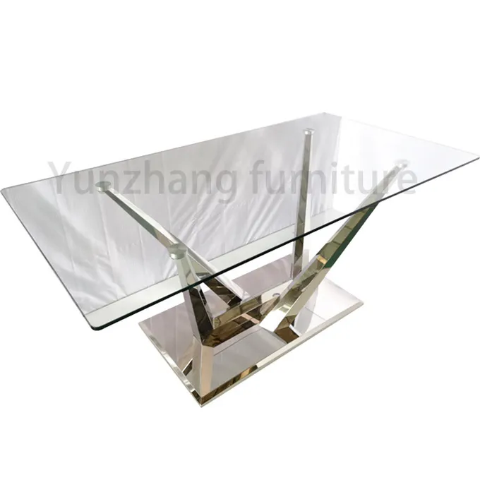 Silver Color Luxury Modern Dining Tables Glossy Tempered Glass Sophisticated Dining Table 1