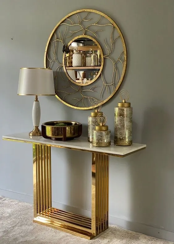 Metal Entryway Hallway Console Table Multipurpose Marble Top Gold Ornate 1