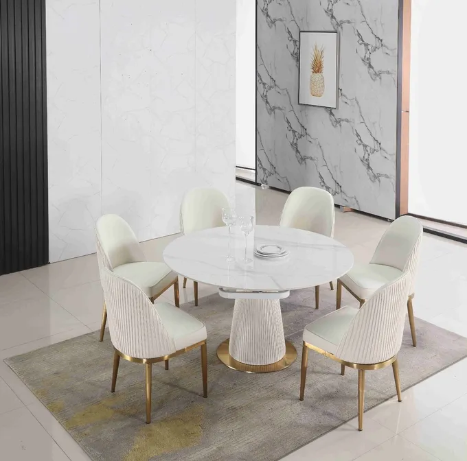 Extendable White Contracted Telescopic Dining Table Designs 6 Seater With Marble Top 0