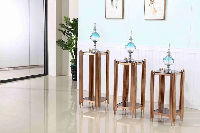 Modern Side End Table 3 Sets Wine Rack Cabinet With Gold Stainless Steel Base Flower Stand 1