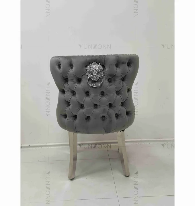 Gray Power Lion Buttoned Back Dining Chair Padded Dining Room Chairs Silver Stainless Steel Legs 5