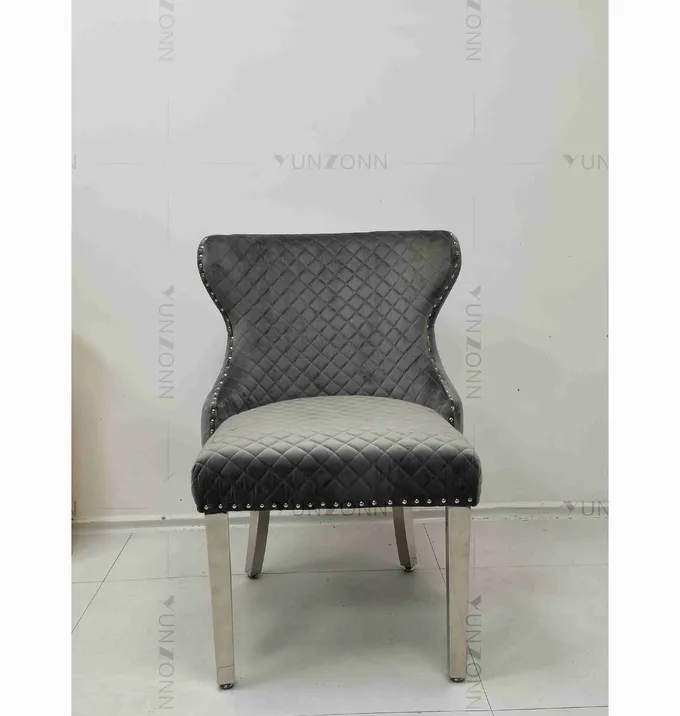 Gray Power Lion Buttoned Back Dining Chair Padded Dining Room Chairs Silver Stainless Steel Legs 4