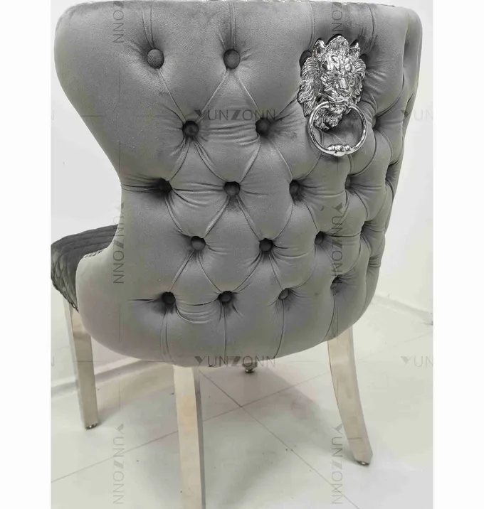 Gray Power Lion Buttoned Back Dining Chair Padded Dining Room Chairs Silver Stainless Steel Legs 1