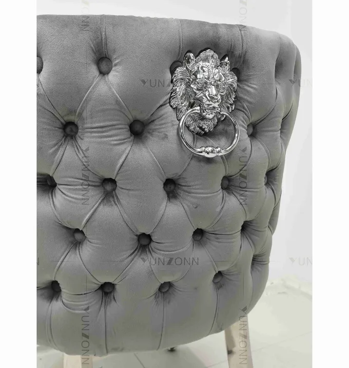 Gray Power Lion Buttoned Back Dining Chair Padded Dining Room Chairs Silver Stainless Steel Legs 0