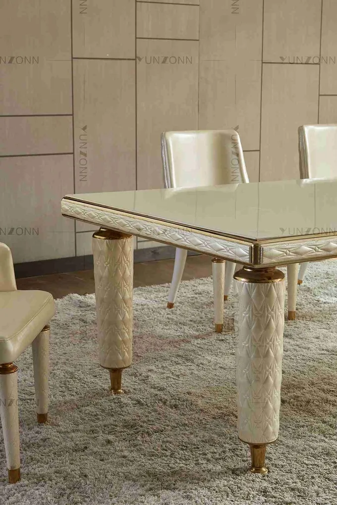 Embroidery Leather Cover Luxury Modern Dining Tables White Tempered Glass Top Stainless Steel Frame For Home 2