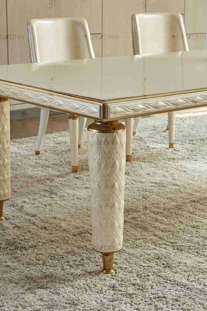 Embroidery Leather Cover Luxury Modern Dining Tables White Tempered Glass Top Stainless Steel Frame For Home 3