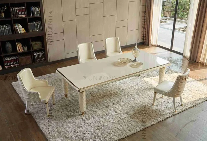 Embroidery Leather Cover Luxury Modern Dining Tables White Tempered Glass Top Stainless Steel Frame For Home 0