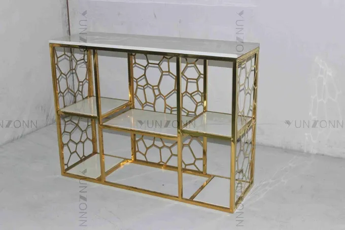 Hollow Out Pattern Carving Design Storage Cabinets Marble Gold Plated Shelving 3