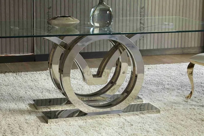 Tempered Glass Seagull Dining Table Rectangle Silver Series Home Furniture 4