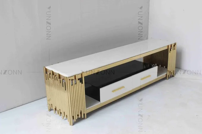 Living Room White And Gold Tv Console Table Marble Top Stainless Steel With Drawers 0