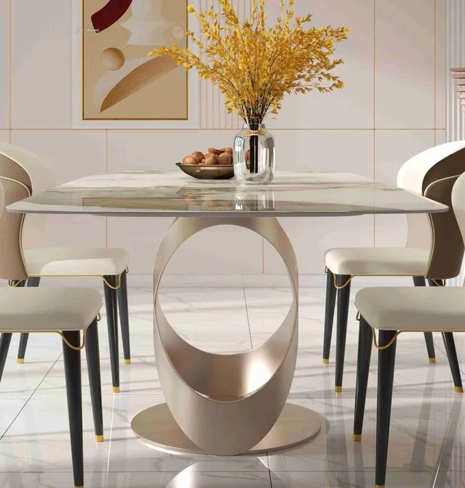 Luxury Contemporary Dining Table Chair Sets With X Stainless Teel Base 5