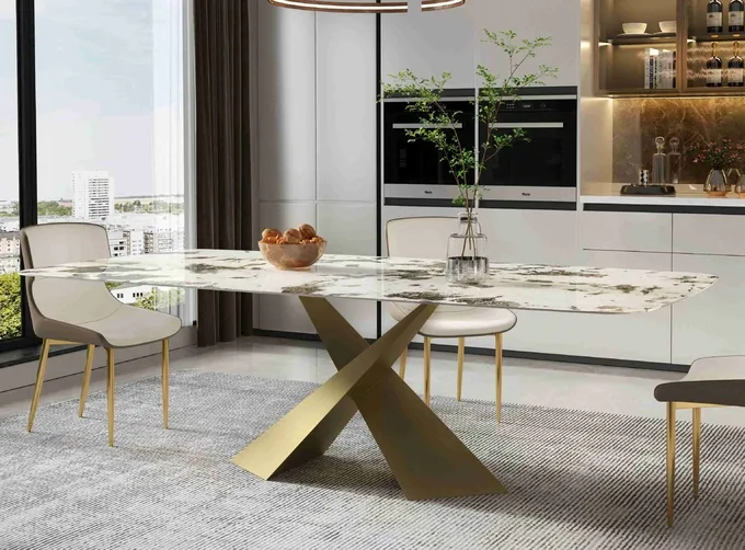 Bright Rock Board Small Apartment Dining Table Chair Sets Nordic Modern Light Luxury Bronze Dining Room Set 5