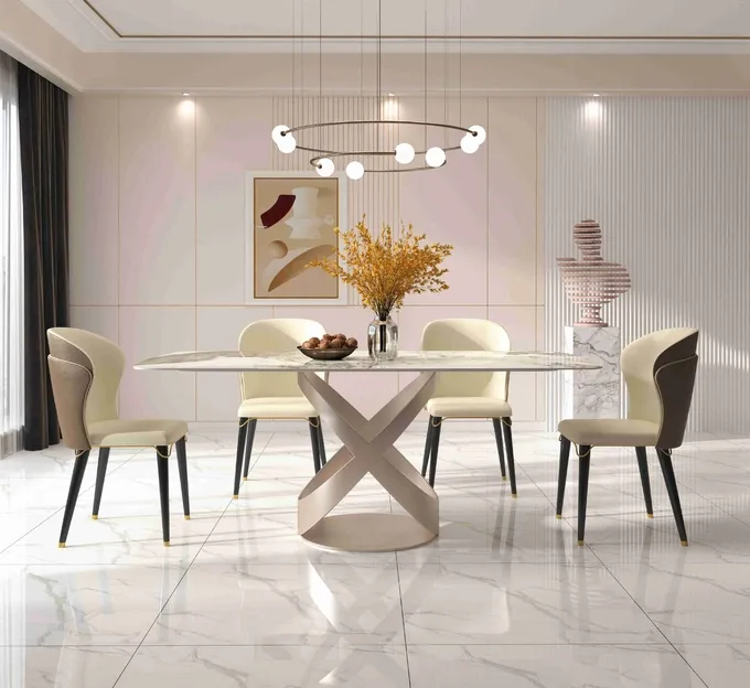 Luxury Contemporary Dining Table Chair Sets With X Stainless Teel Base 4