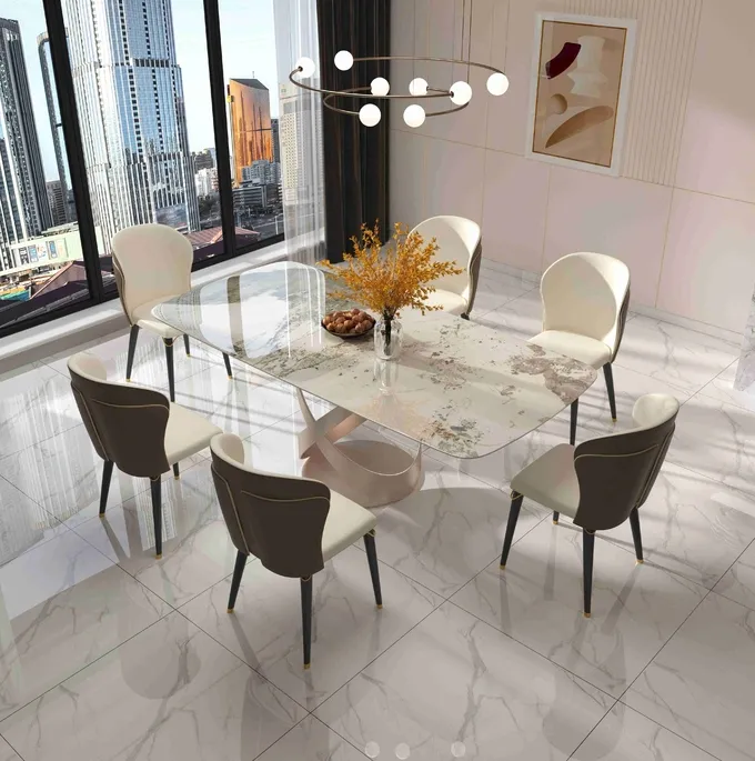 Luxury Contemporary Dining Table Chair Sets With X Stainless Teel Base 0