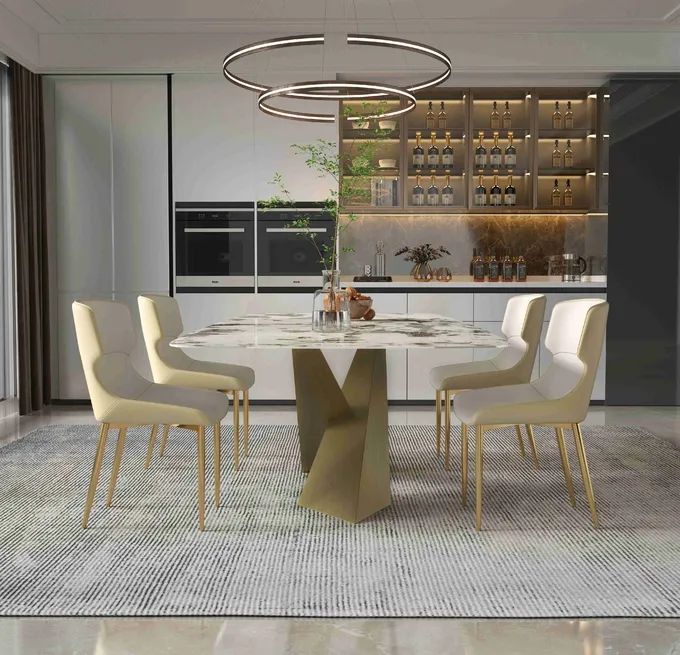 Bright Rock Board Small Apartment Dining Table Chair Sets Nordic Modern Light Luxury Bronze Dining Room Set 2