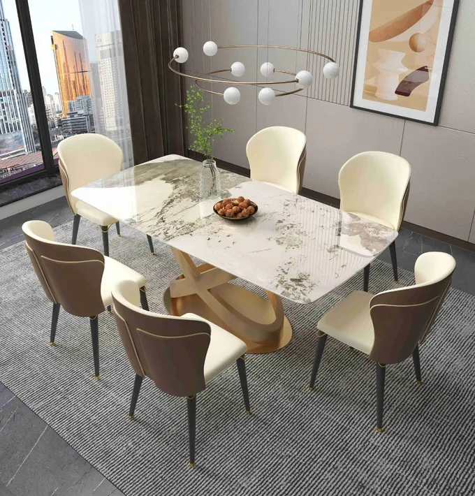 White Rectangular Stone Dining Table Chair Sets Bronze Pedestals 1