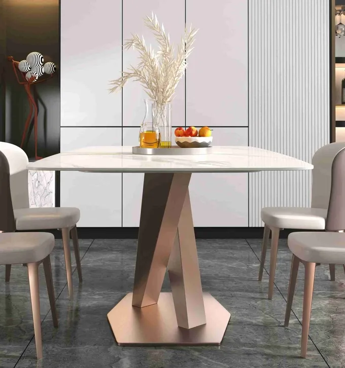 Plain X Base Luxury Modern Dining Tables 6 8 Seater Marble Top Stainless Steel Frame 3