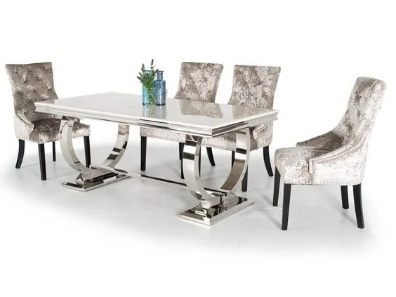 Silver 150X90X75 Luxury Comfort Dining Table 6 Seater Tempered Glass Top 0