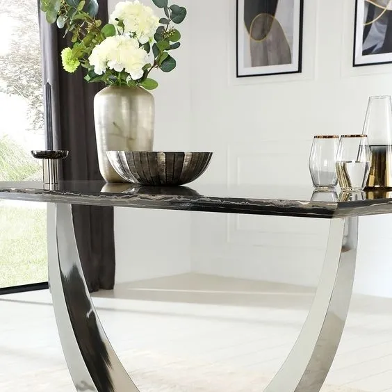 Stainless Steel Silver Black Marble Top Dining Table Set Luxury Modern Dining Tables 150X90X75 3