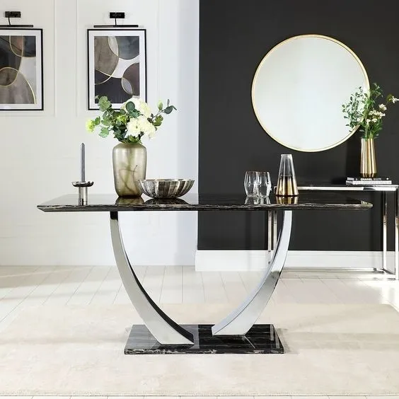 Stainless Steel Silver Black Marble Top Dining Table Set Luxury Modern Dining Tables 150X90X75 2