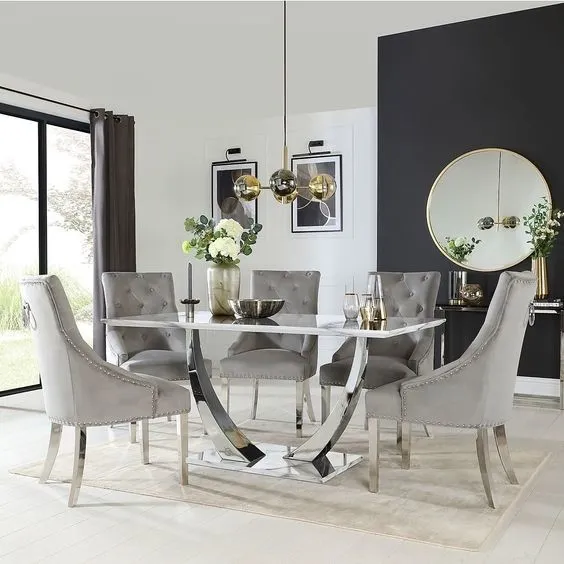 Stainless Steel Silver Black Marble Top Dining Table Set Luxury Modern Dining Tables 150X90X75 1