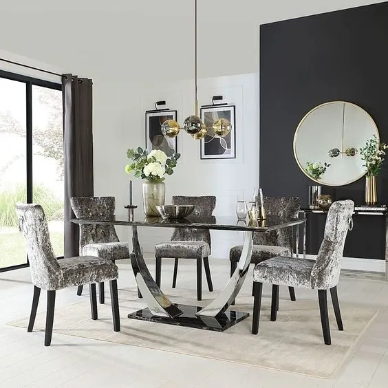 Stainless Steel Silver Black Marble Top Dining Table Set Luxury Modern Dining Tables 150X90X75 0