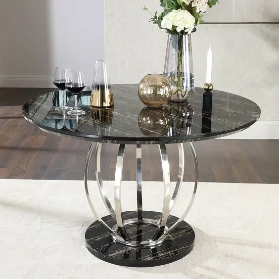 Savory Marble Top Stainless Steel Silver Dining Table With Chairs Set H75cm 3