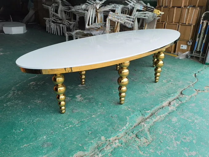 Oval MDF Wedding Banquet Tables Banquet Style Wedding Reception Tables Ss Gold Ball Legs 2