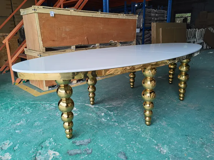 Oval MDF Wedding Banquet Tables Banquet Style Wedding Reception Tables Ss Gold Ball Legs 1