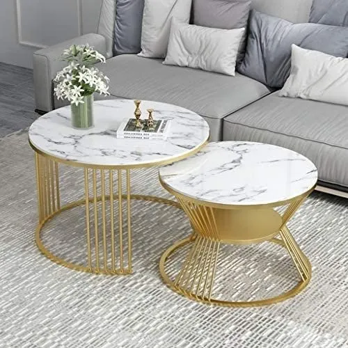 Marble Glass Top Gold Round Coffee Table With Storage Strike Deisgn 1