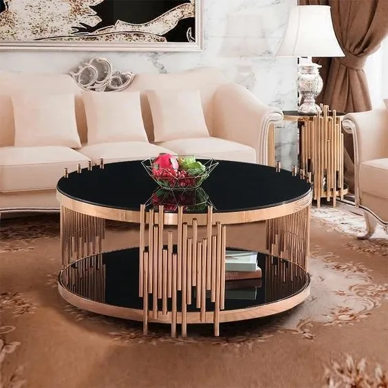 Marble Glass Top Gold Round Coffee Table With Storage Strike Deisgn 2