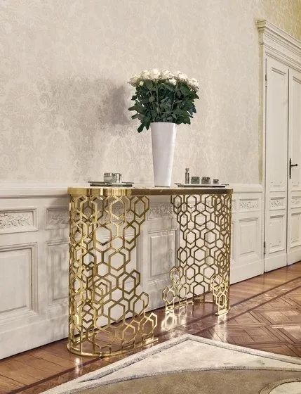 White Rectangular Stylish Tea Table Luxury Arrow Console In Gold 150X45X80 1